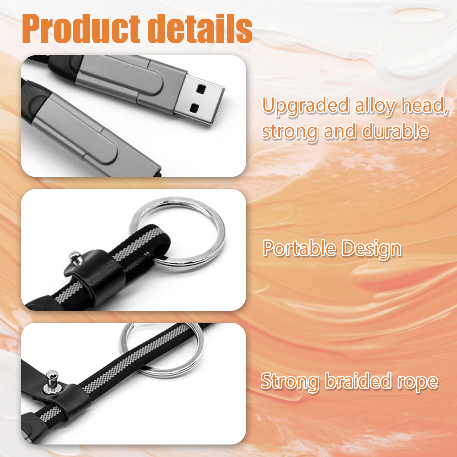 Primo piano di connettori USB, portachiavi e corda intrecciata.