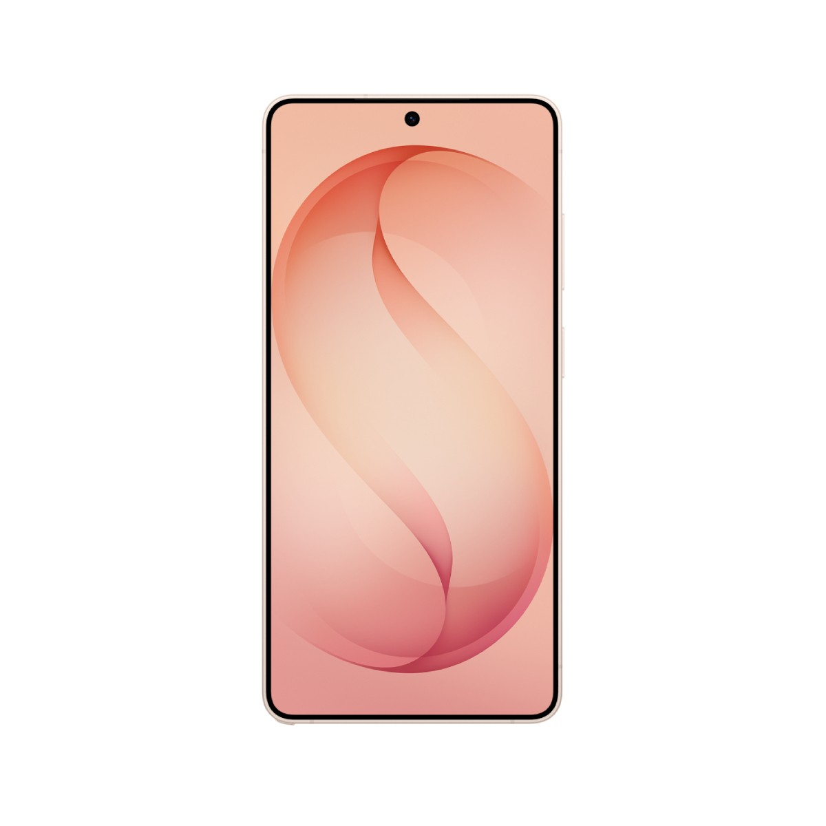 Uno smartphone elegante con uno sfondo curvo e rosa e una fotocamera frontale.