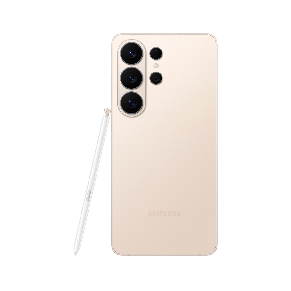 Uno smartphone Samsung oro chiaro con tre fotocamere e uno stilo.