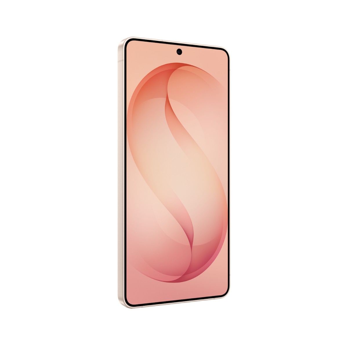 Uno smartphone di colore chiaro mostra uno sfondo stilizzato color corallo.