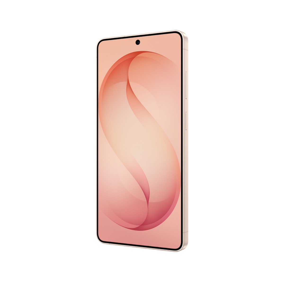 Uno smartphone oro chiaro con uno sfondo astratto rosa.