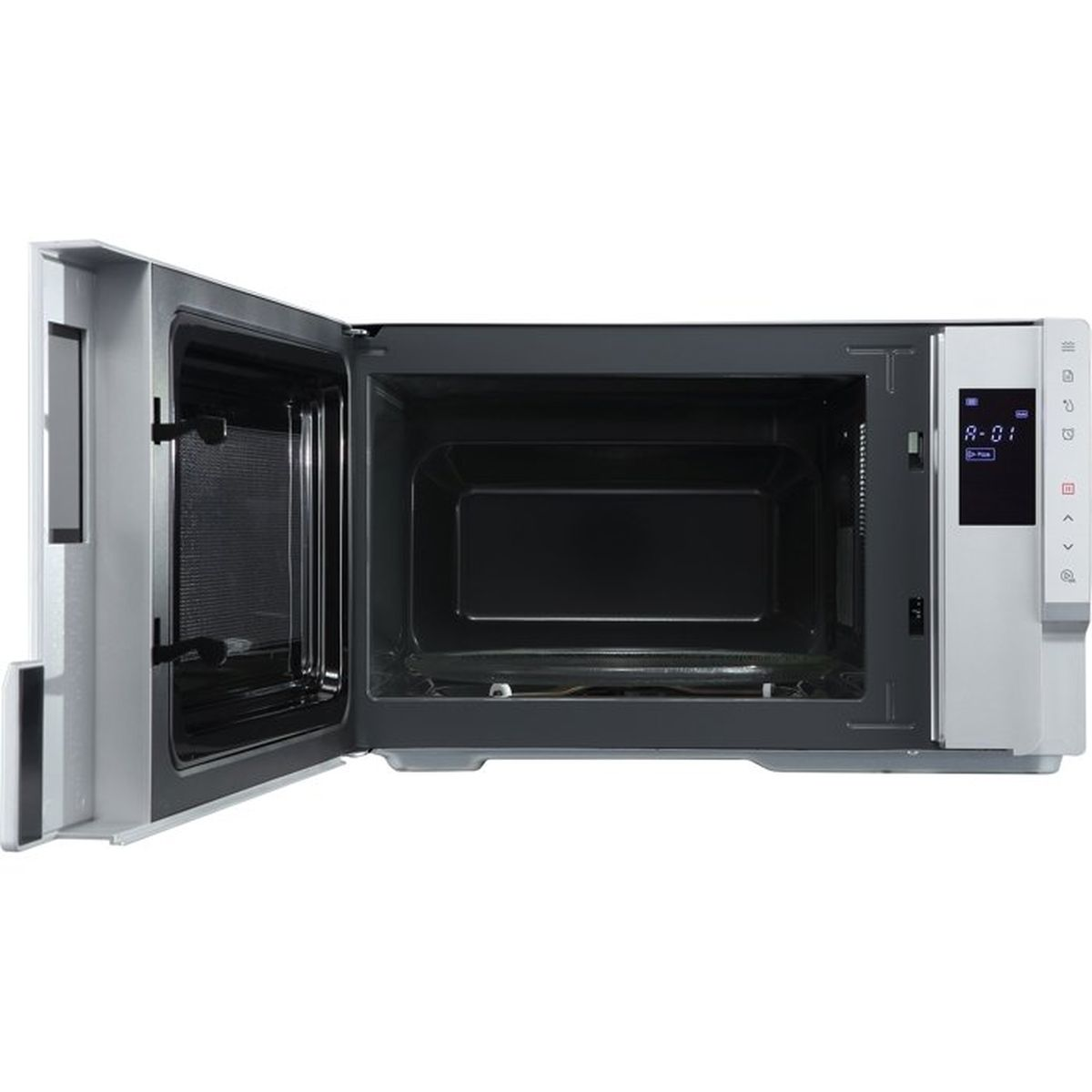 Un forno a microonde aperto, argentato, con interno nero e display digitale.