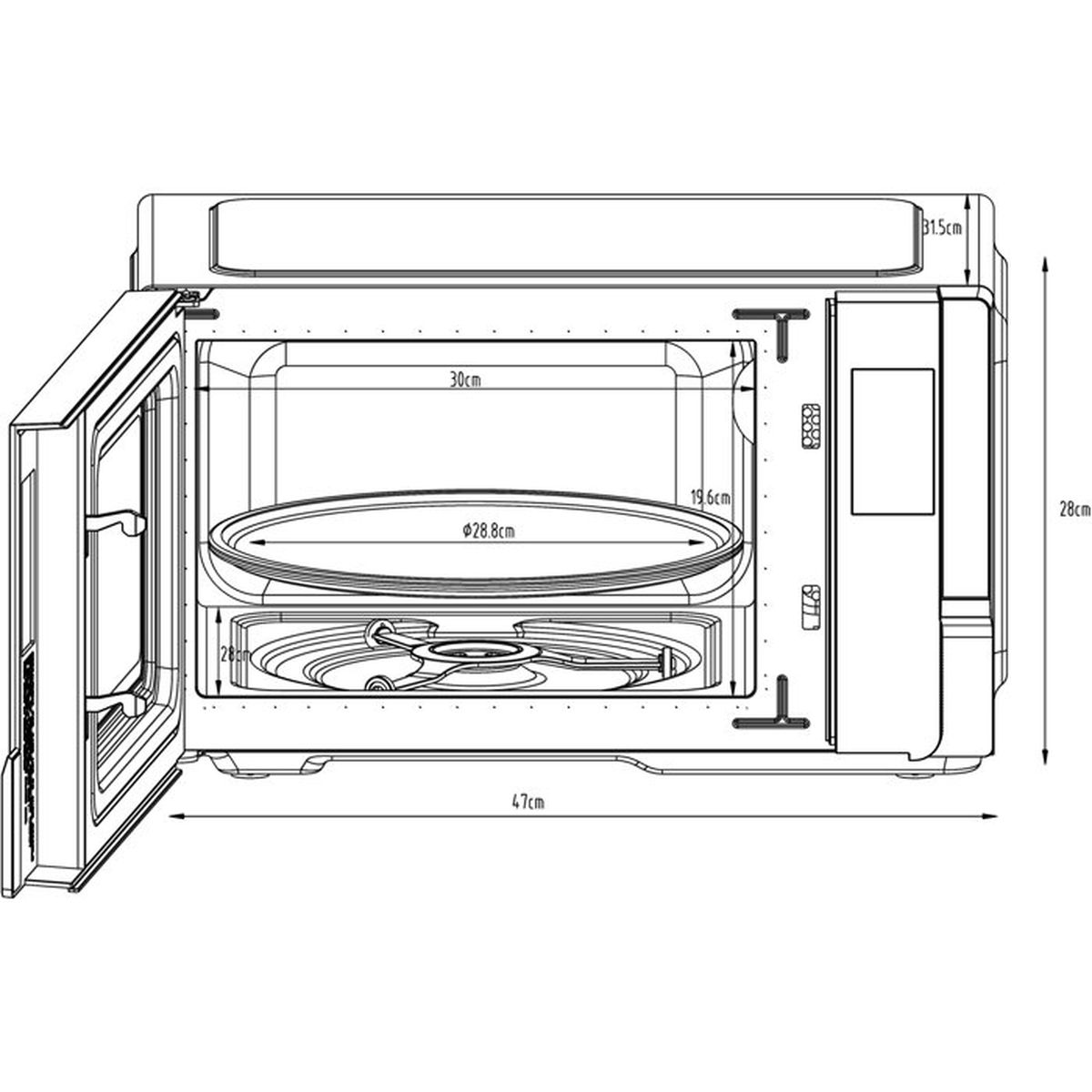 Disegno tecnico di un microonde con porta aperta e dimensioni.