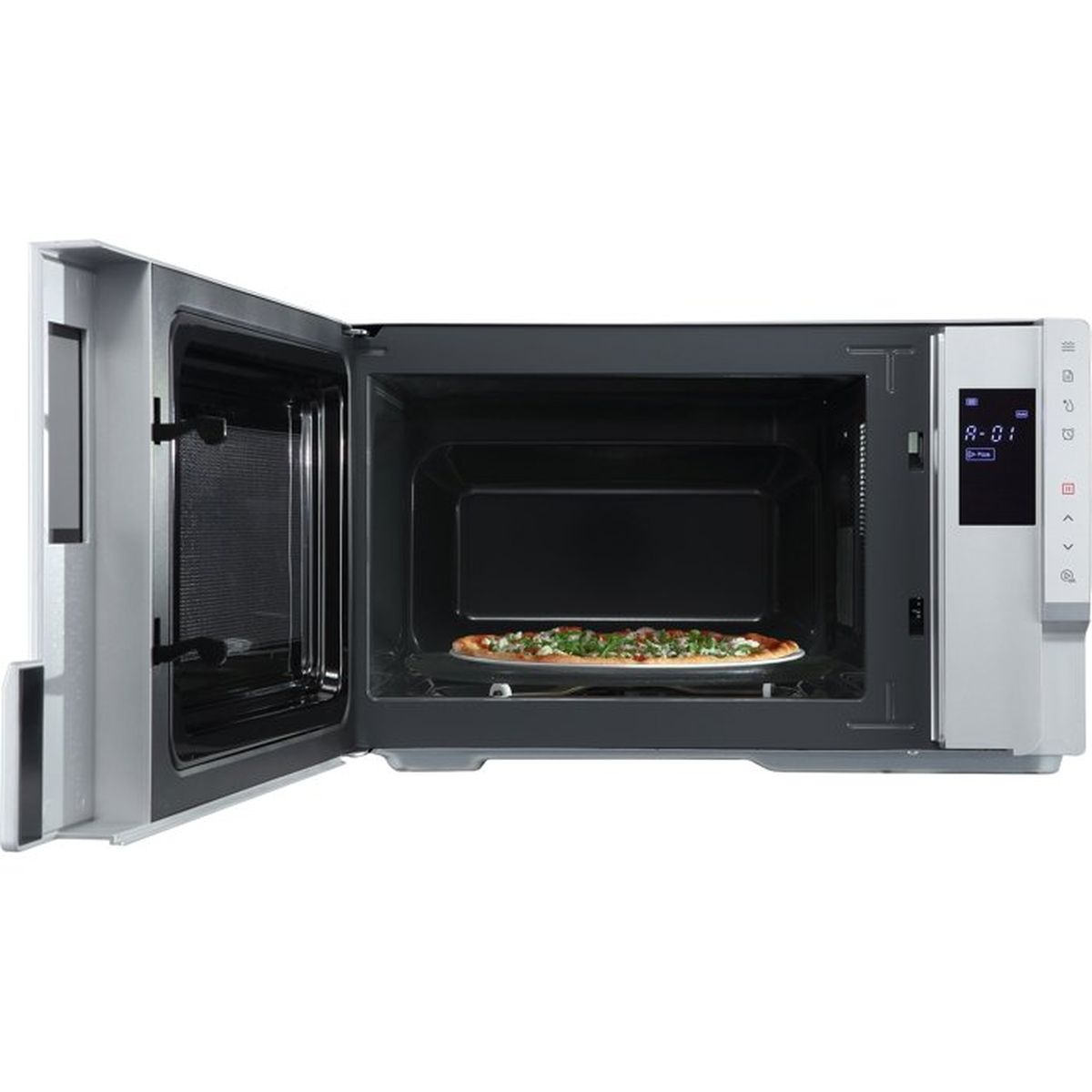 Un forno a microonde aperto con una pizza sul piatto girevole.