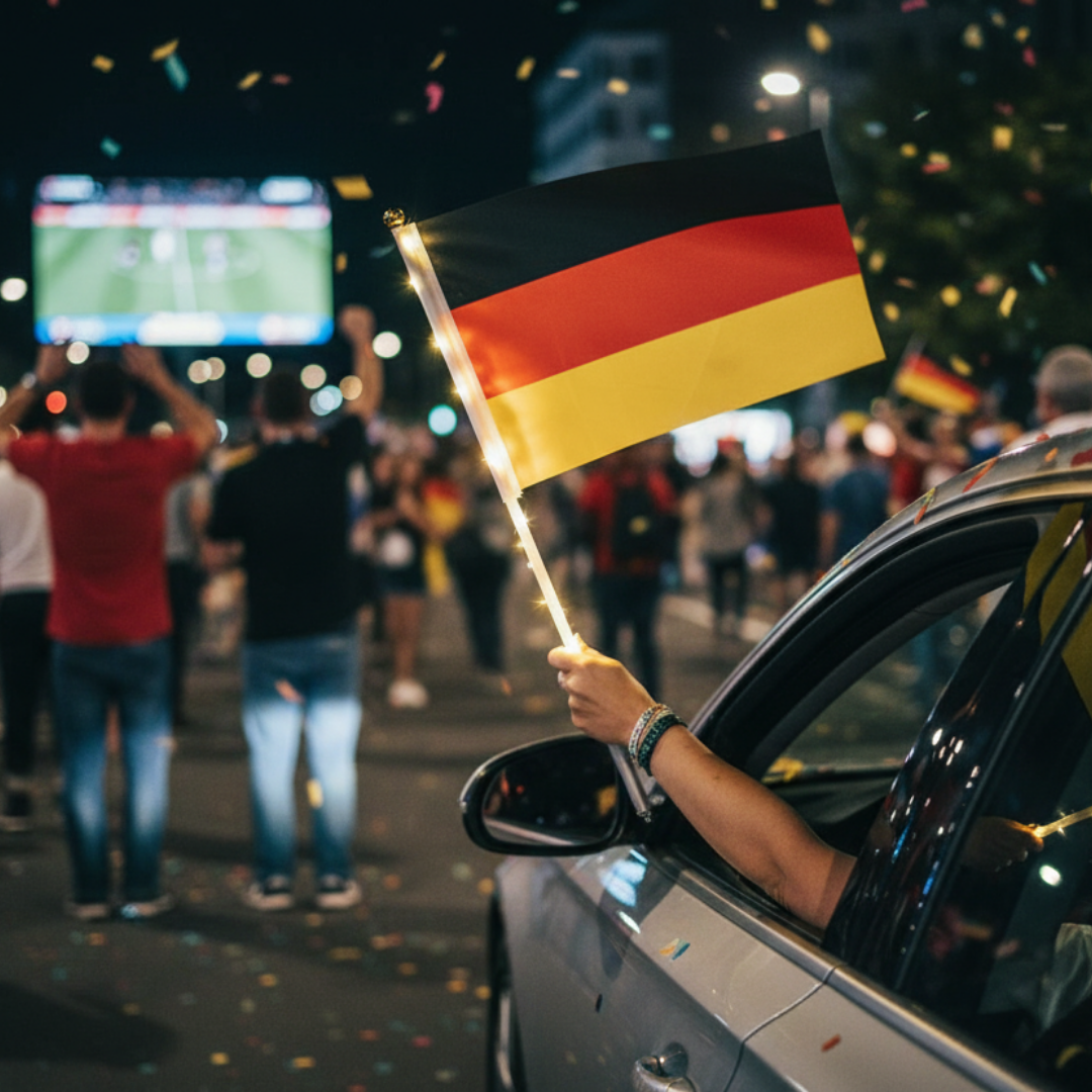 Person hält deutsche Flagge mit Lichtern aus Auto. Konfetti fällt. Leute jubeln.
