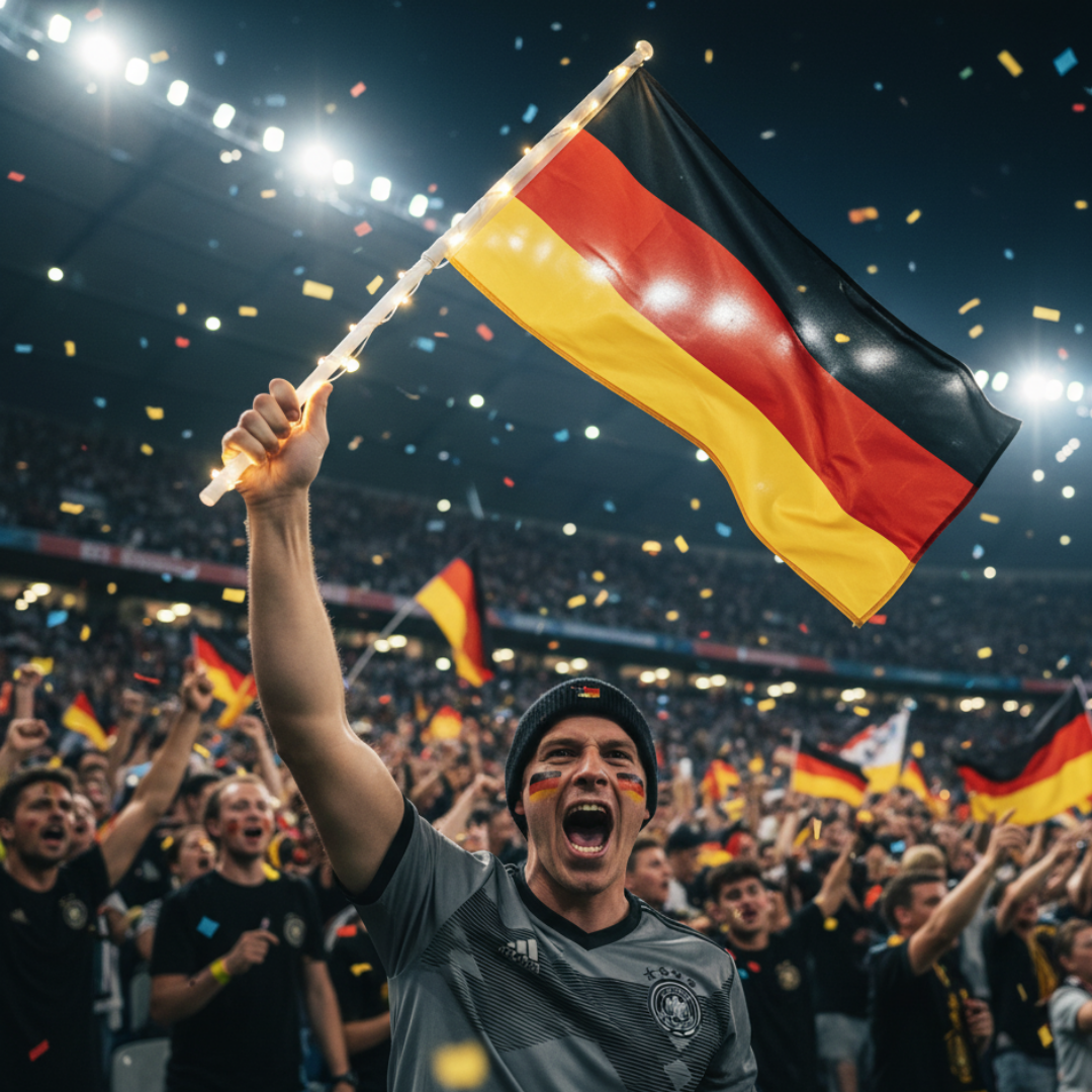 Ein Mann mit Deutschlandflagge jubelt im Stadion, Konfetti fällt.