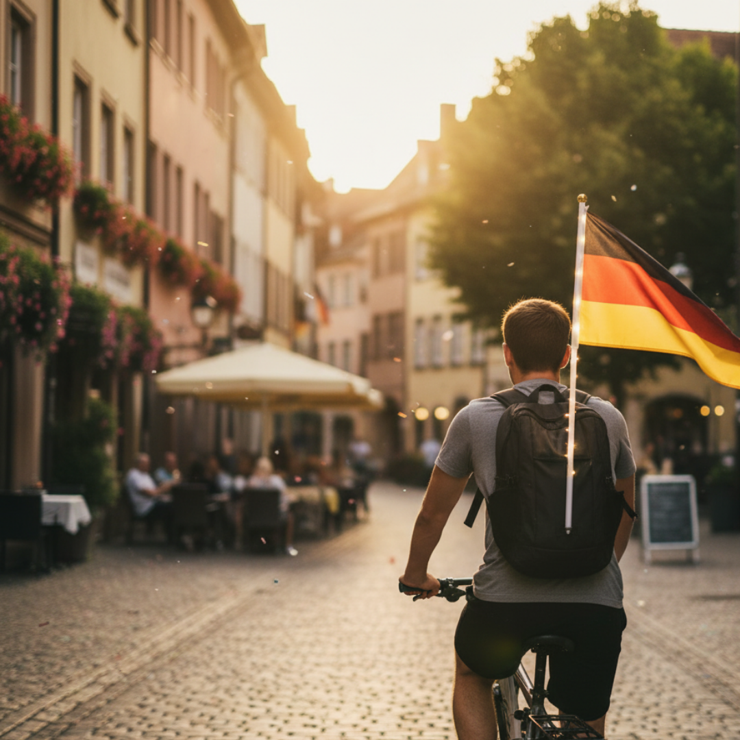 Mann fährt Fahrrad mit Deutschlandflagge auf kopfsteingepflasterter Straße in einer Stadt.