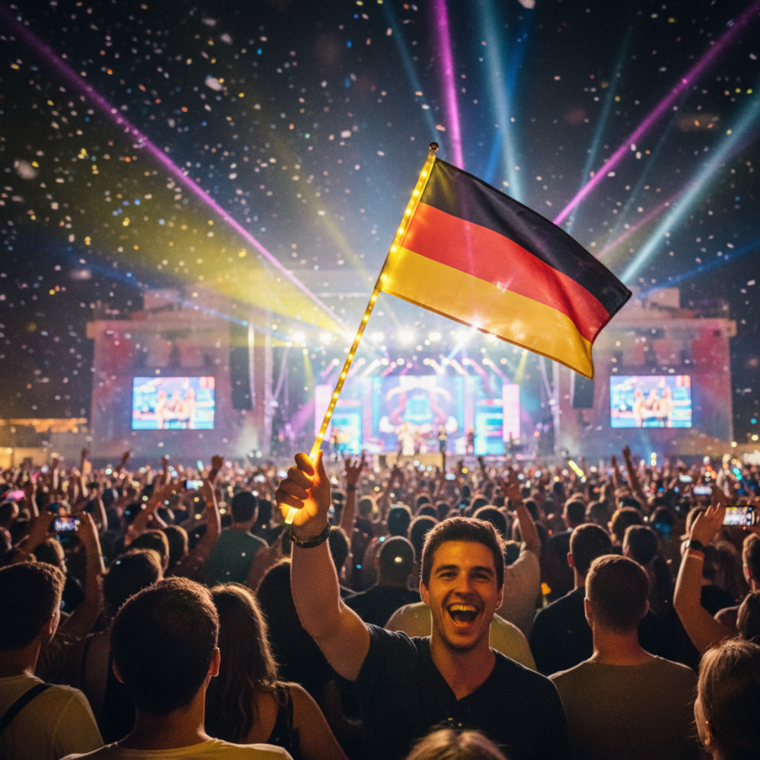 Mann mit deutscher Flagge bei einem Konzert mit Konfetti und Lichtern