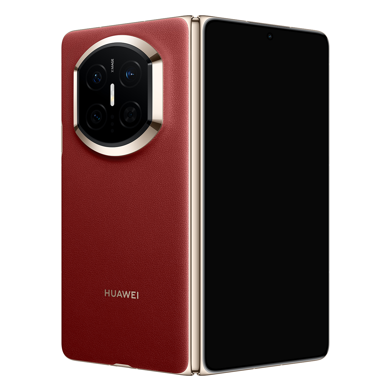 Un telefono pieghevole rosso con cornice dorata e quattro fotocamere.