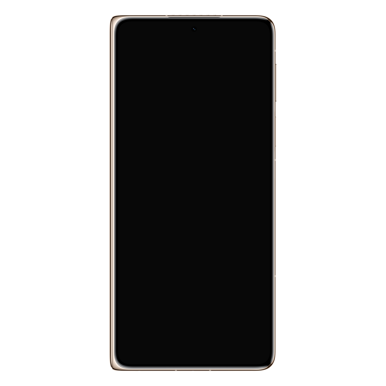 Uno smartphone moderno con schermo nero e bordo dorato.