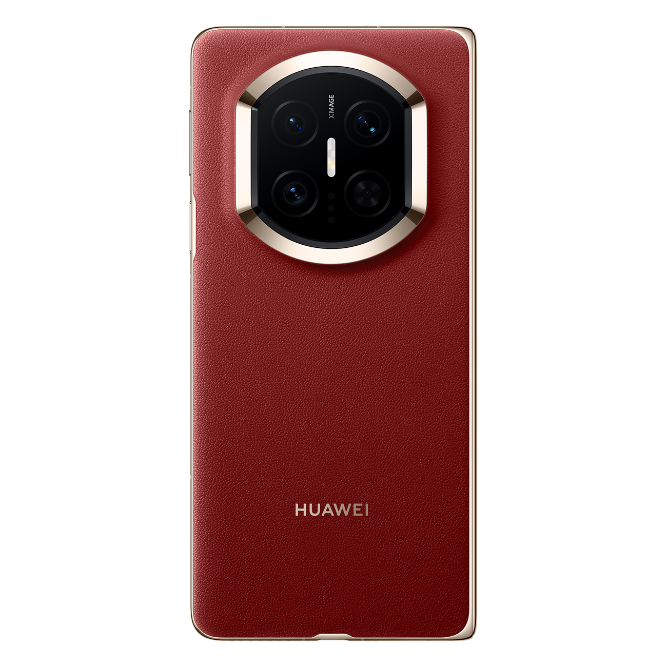 Retro di uno smartphone Huawei rosso con modulo fotocamera circolare e finiture dorate.