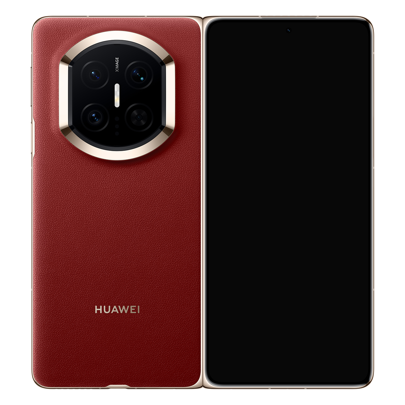 Smartphone rosso con configurazione a quattro fotocamere e schermo nero.
