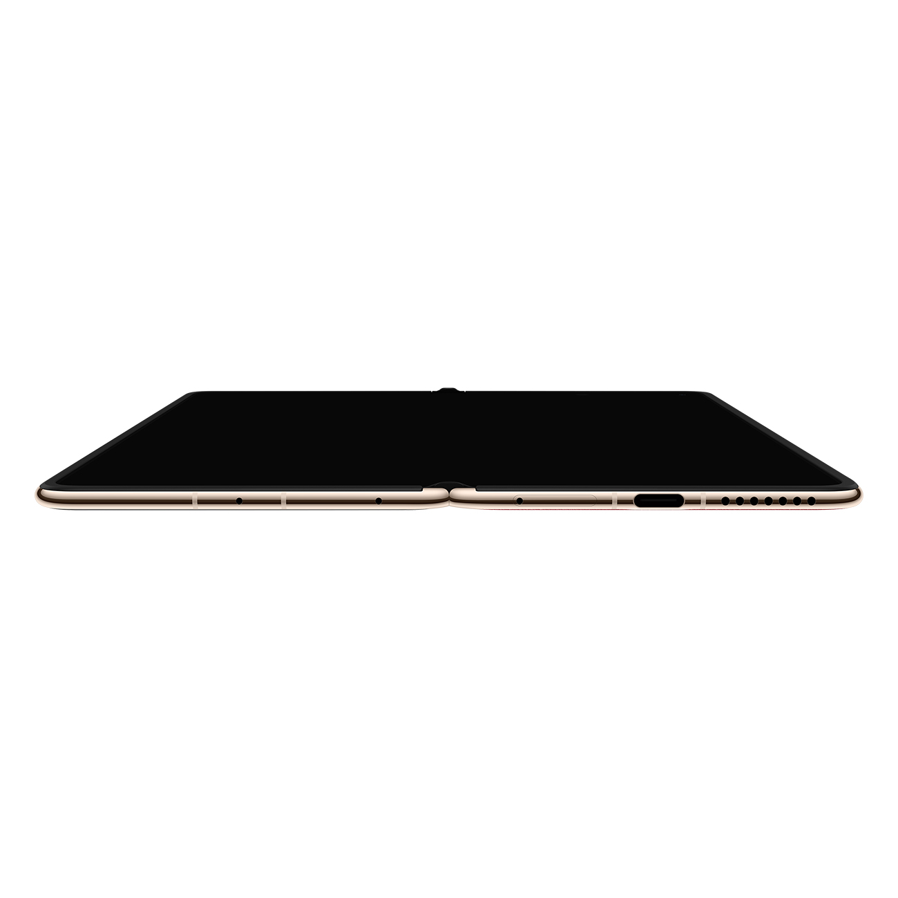 Un laptop pieghevole dorato con schermo nero, visto di lato su sfondo bianco.