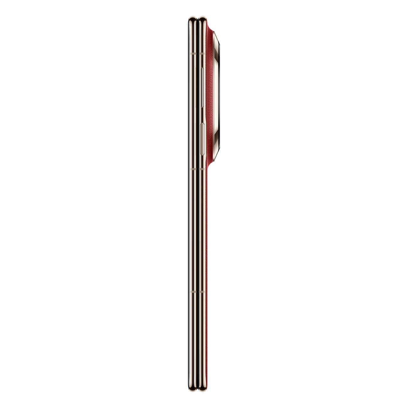 Ein schlankes, rotes Smartphone mit goldenen Akzenten, von der Seite gesehen.