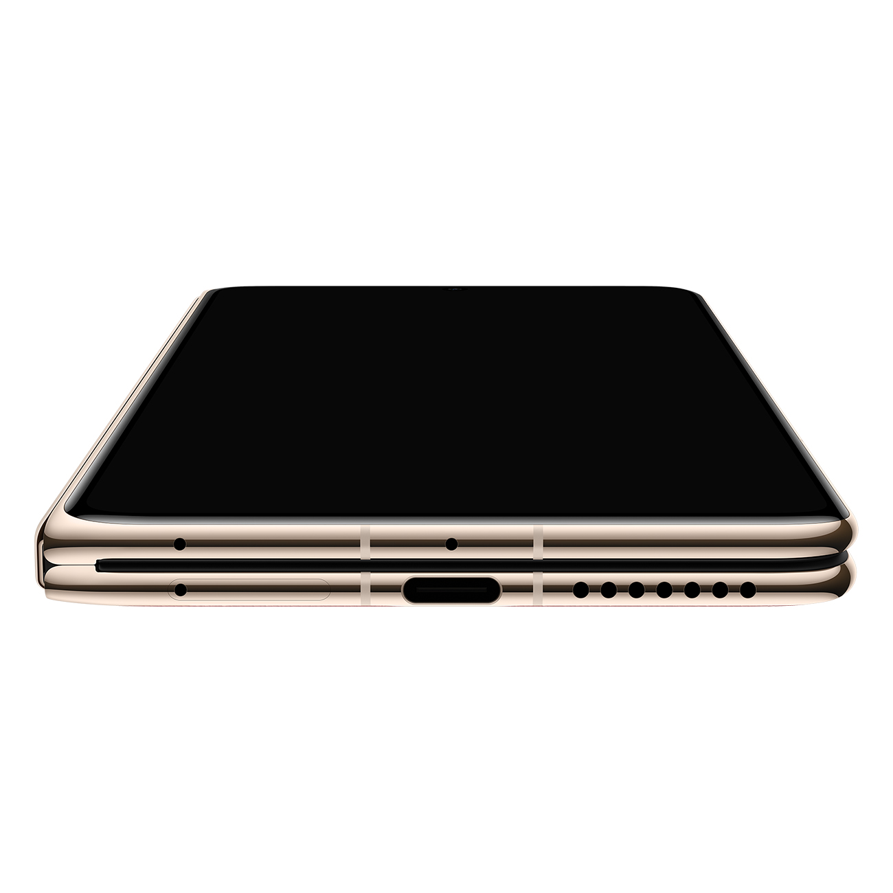 Smartphone dorato con schermo nero, visto dal basso. Griglie altoparlanti e porta visibili.