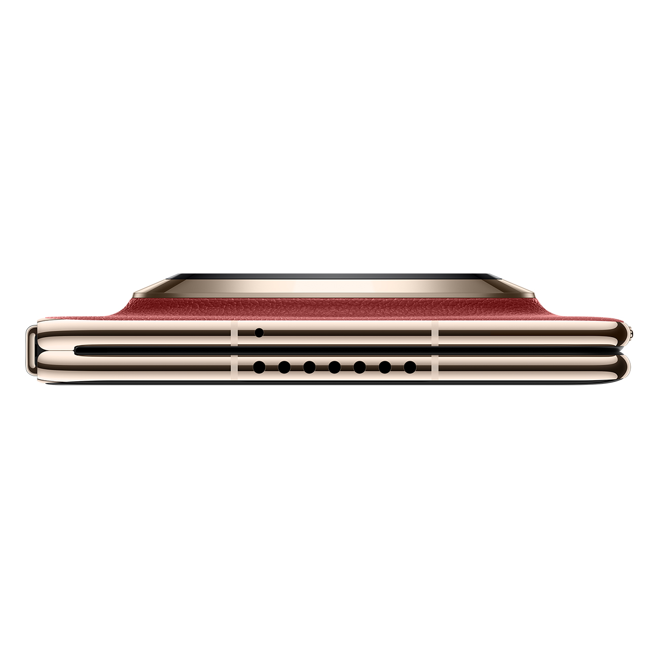 Vista laterale di uno smartphone oro e rosso con fori dell'altoparlante.