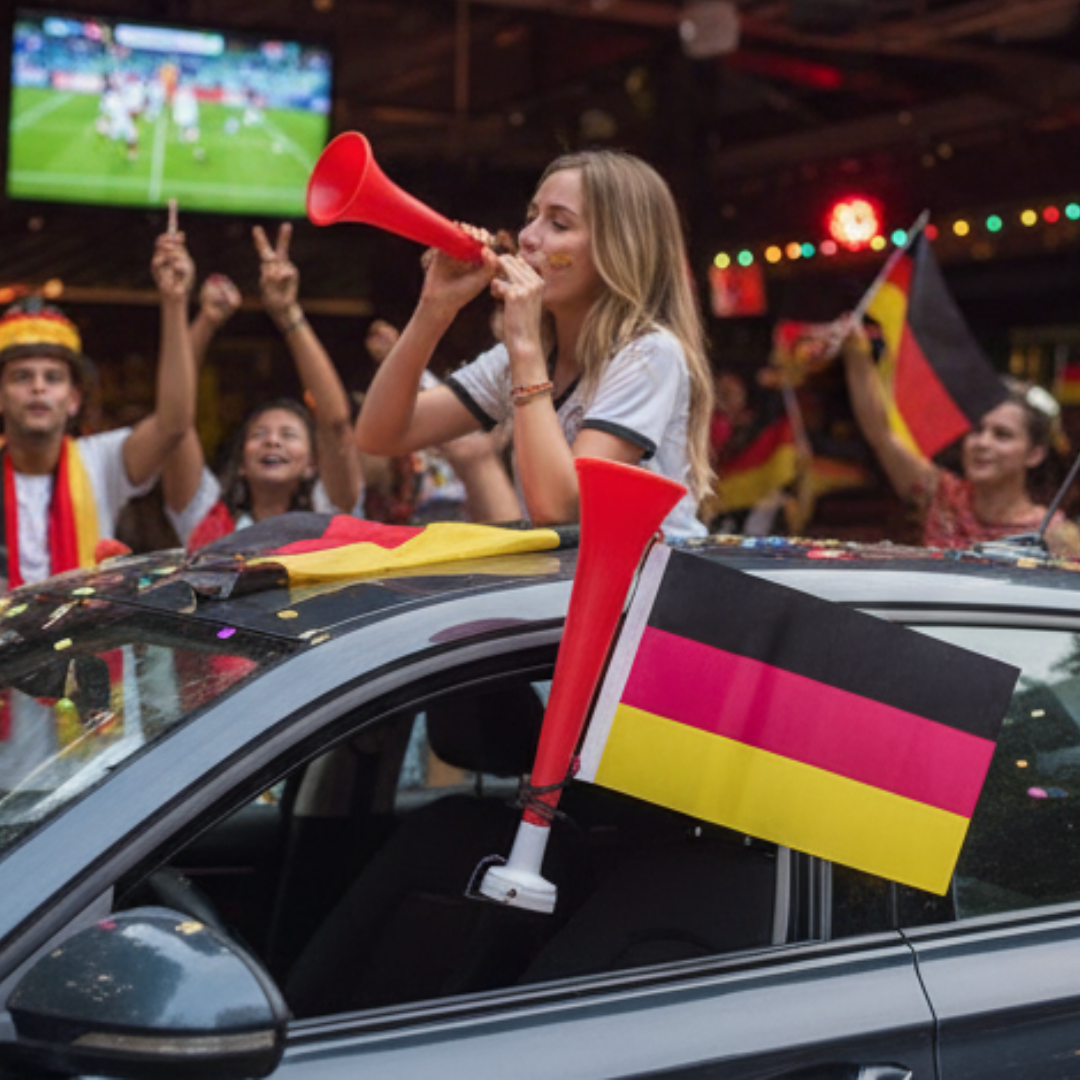 Fans jubeln mit Deutschlandfahnen und Tröten auf einem Autodach. Fußballspiel auf Bildschirm.
