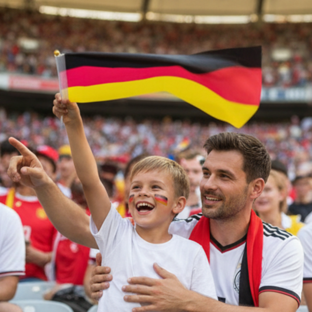 Vater und Sohn mit Deutschlandflaggen-Gesichtsbemalung jubeln bei einem Fußballspiel.