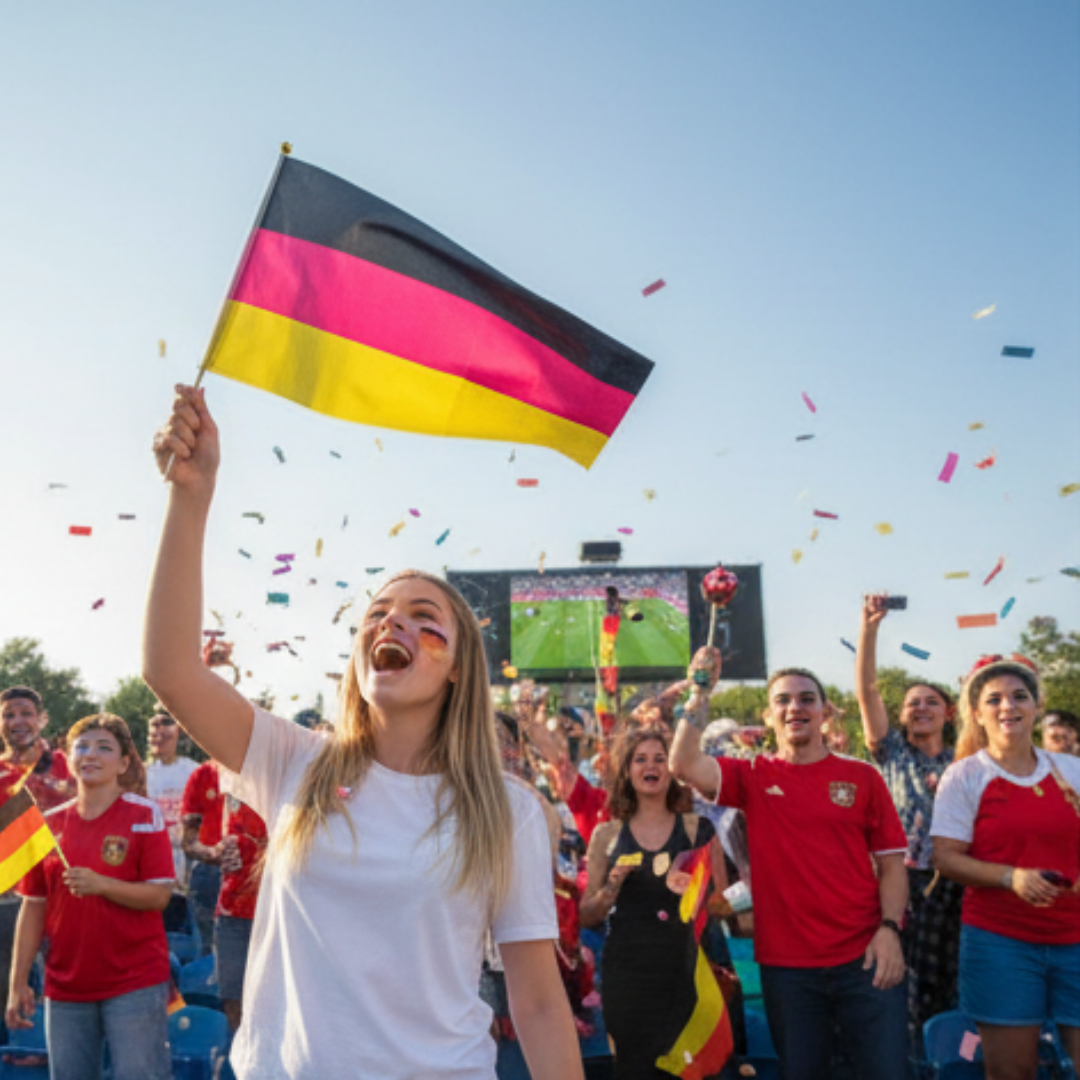Fans jubeln mit Deutschlandflagge und Konfetti vor einer Leinwand.