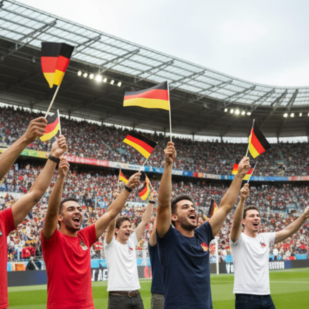 Fans jubeln im Stadion und schwenken Deutschlandfahnen vor einer vollen Tribüne.