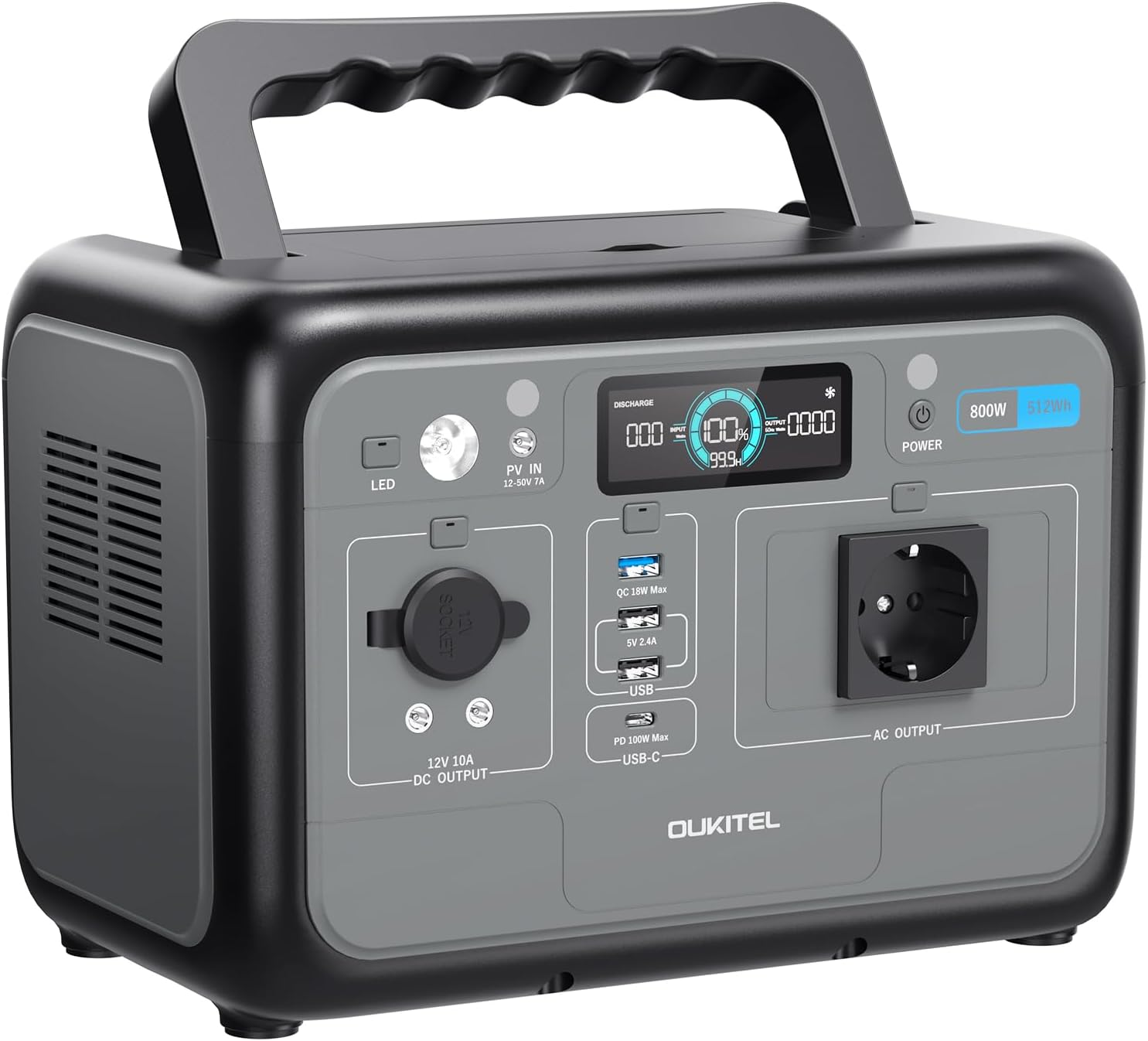 Una central eléctrica Oukitel gris con asa negra, pantalla y puertos.