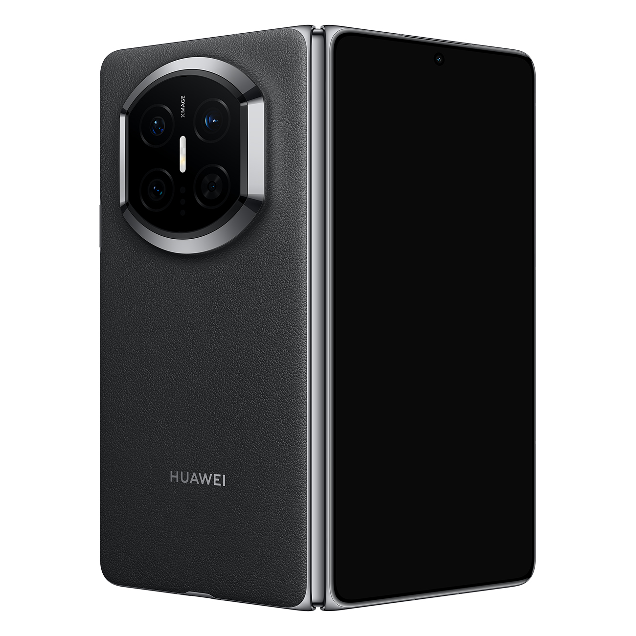 Viene mostrato un telefono pieghevole Huawei nero. Il retro presenta un modulo fotocamera circolare.