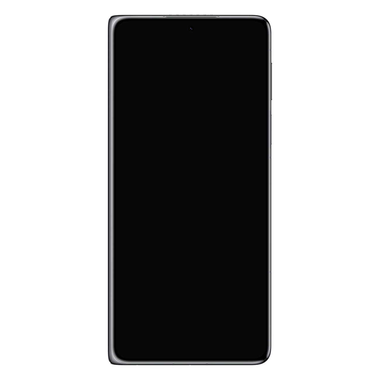 Uno smartphone moderno con schermo nero su sfondo bianco.