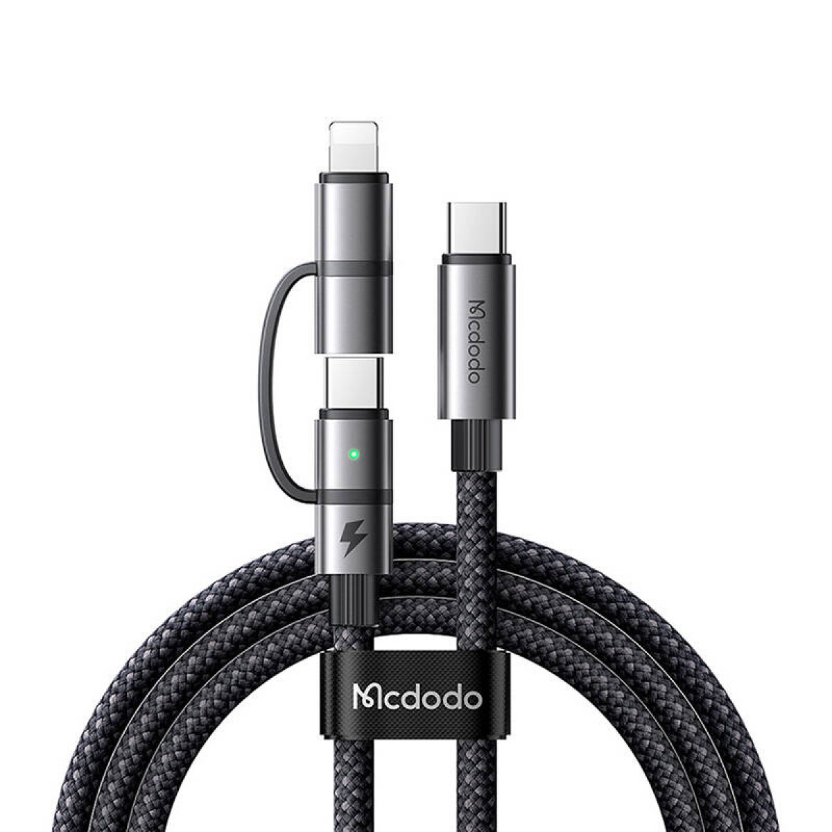 USB-C ve Lightning konektörlü gri Mcdodo şarj kablosu.