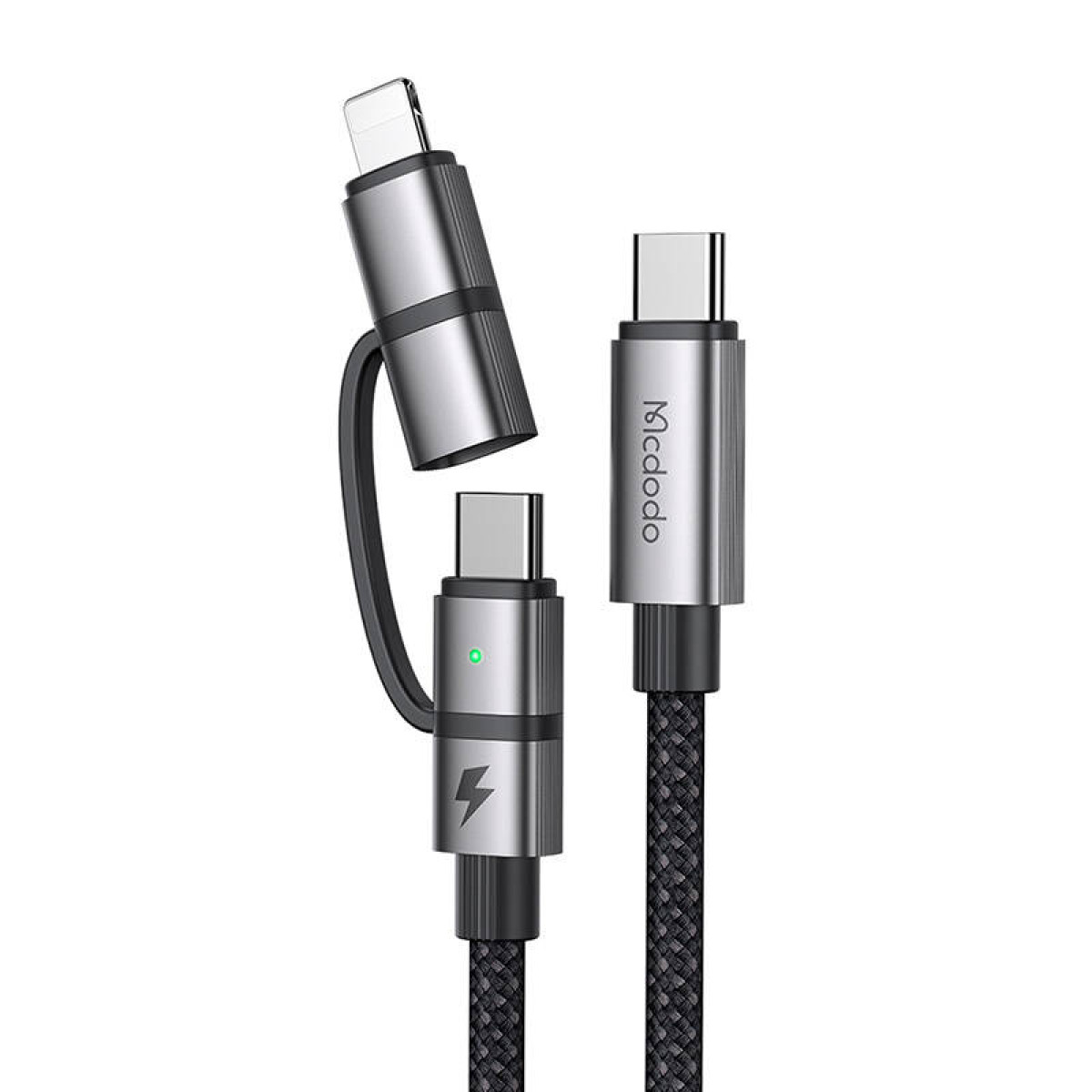 Üç konektörlü gümüş bir şarj kablosu: Lightning, USB-C ve Micro-USB.
