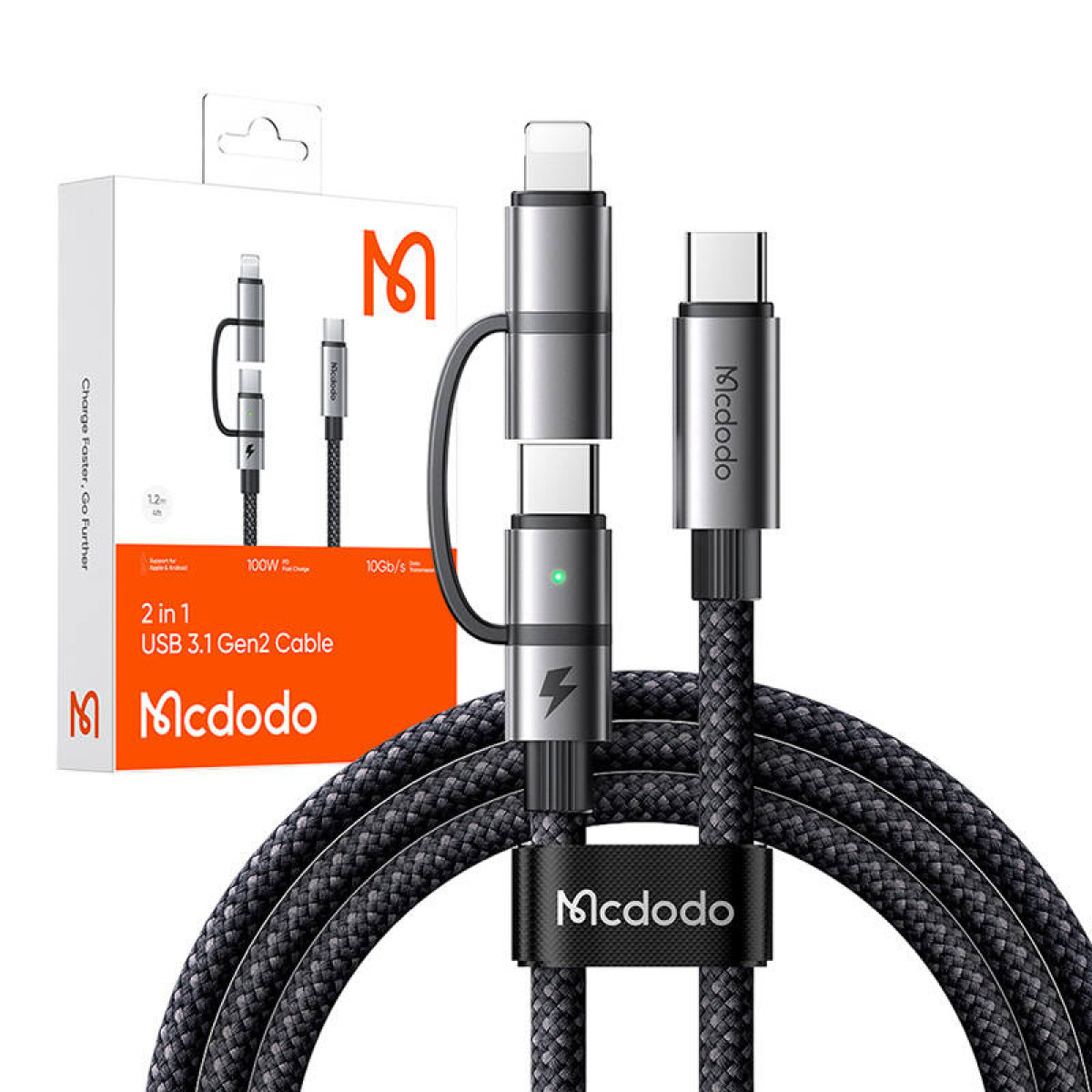 McDodo 2'si 1 arada USB 3.1 Gen2 kablosu, Lightning ve USB-C konektörlü.