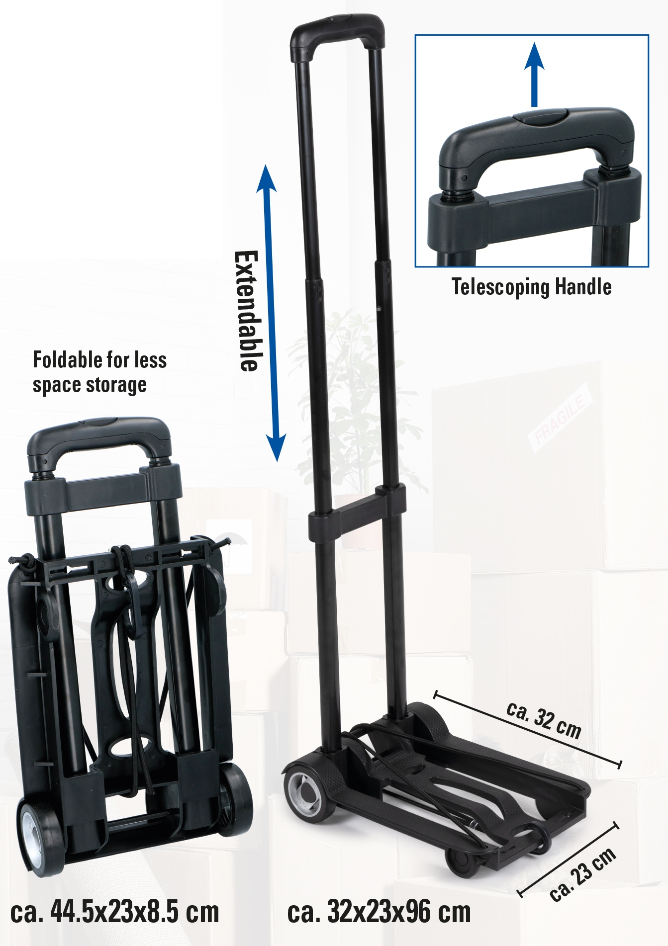 Un chariot pliable avec poignée télescopique, dimensions indiquées.