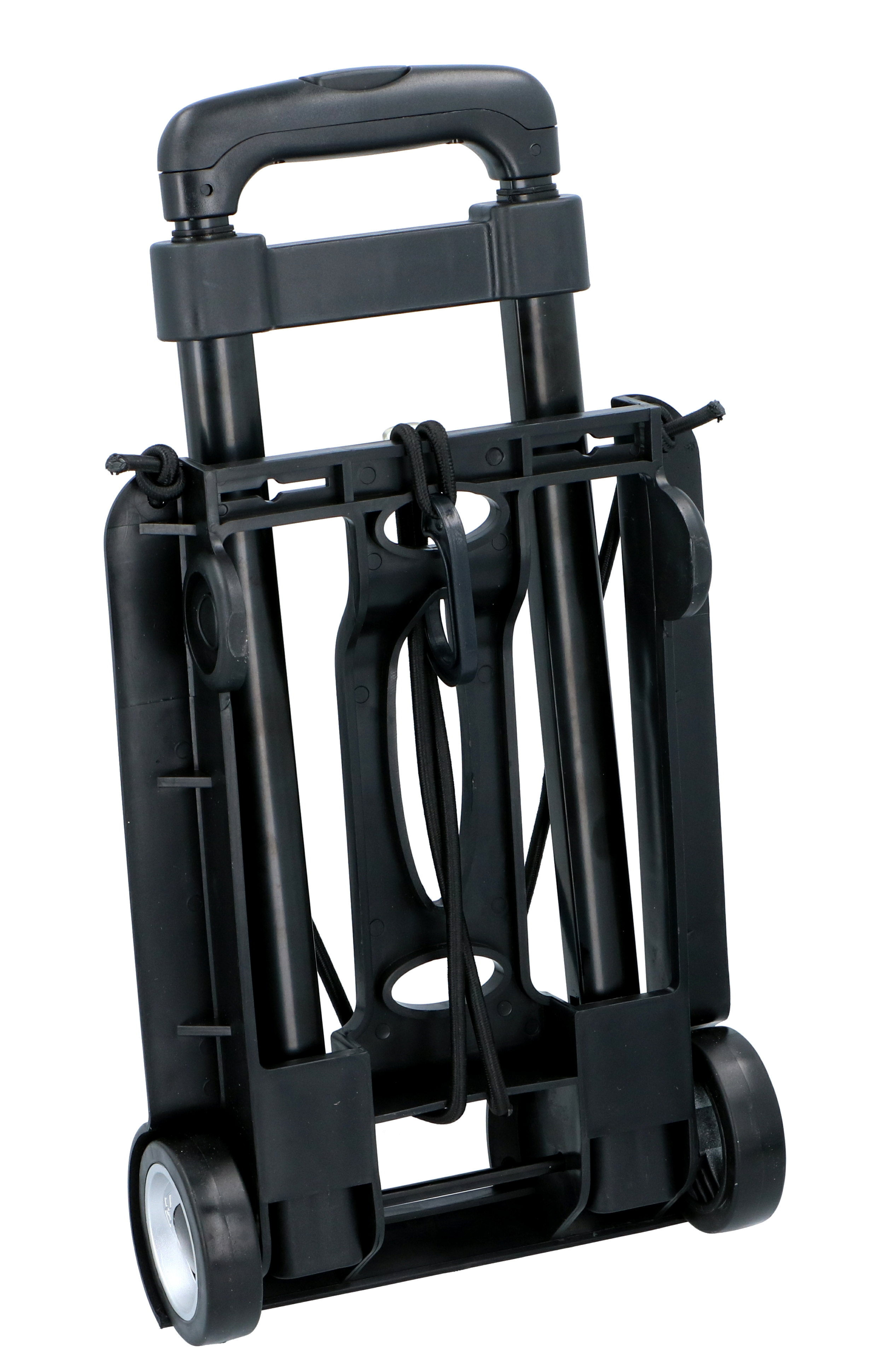 Chariot à bagages pliable noir avec poignée extensible et deux roues.