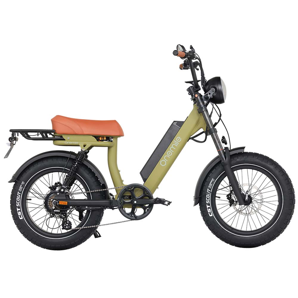 Una bicicleta eléctrica verde oliva con neumáticos anchos y asiento marrón.
