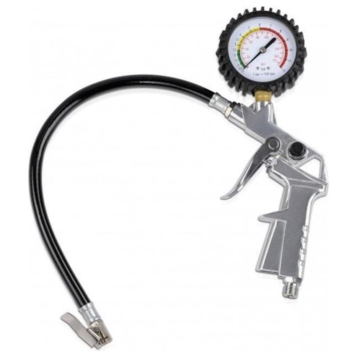Een zilveren bandenpomp met een zwarte slang en een drukmeter.