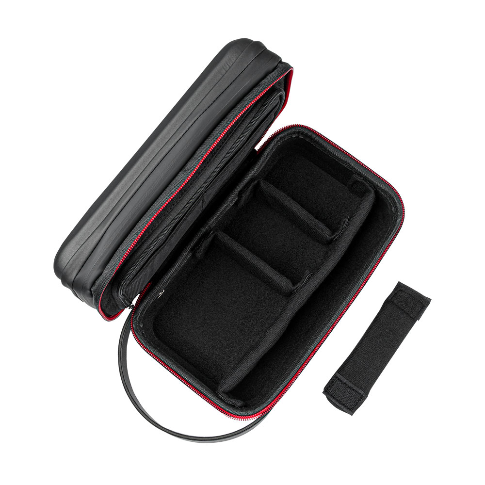 An open black case with red zippers and internal compartments.