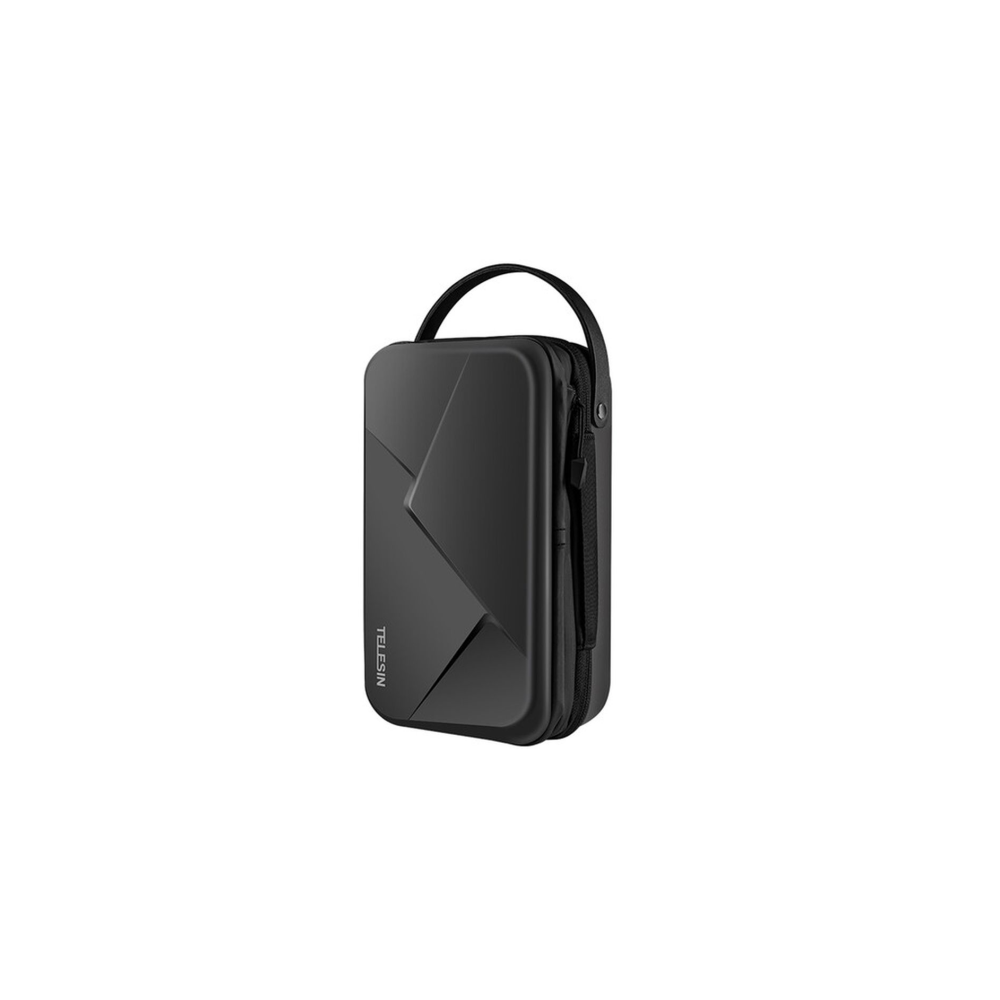 Black carrying case with handle and zipper, featuring a faceted design.