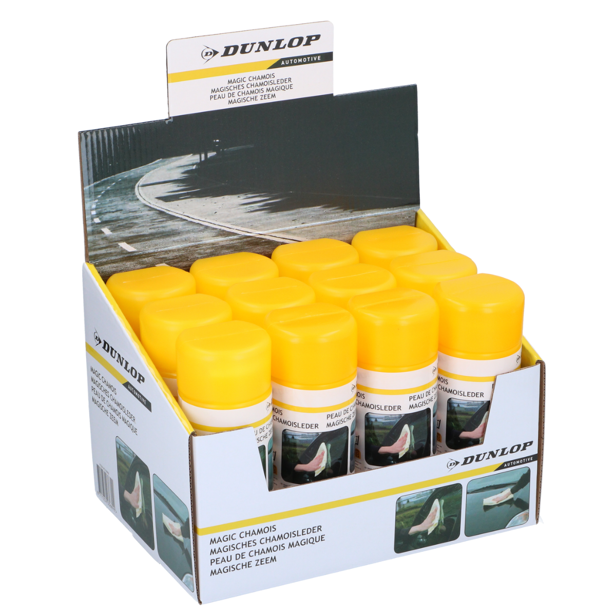 Verpakking met Dunlop Magic Chamois producten, gele doppen.