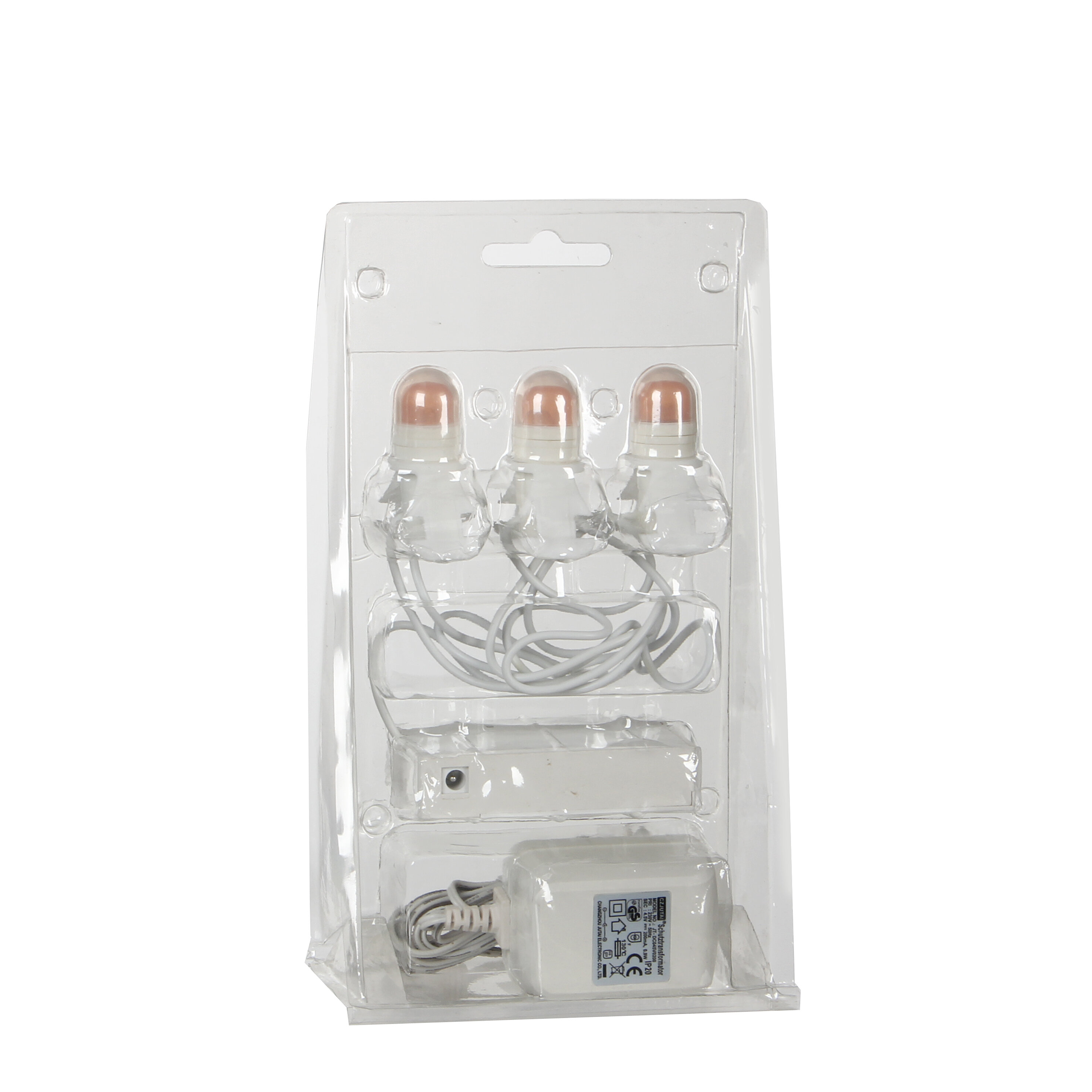 Verpakking met drie lichtsnoerlampjes en een stroomadapter.