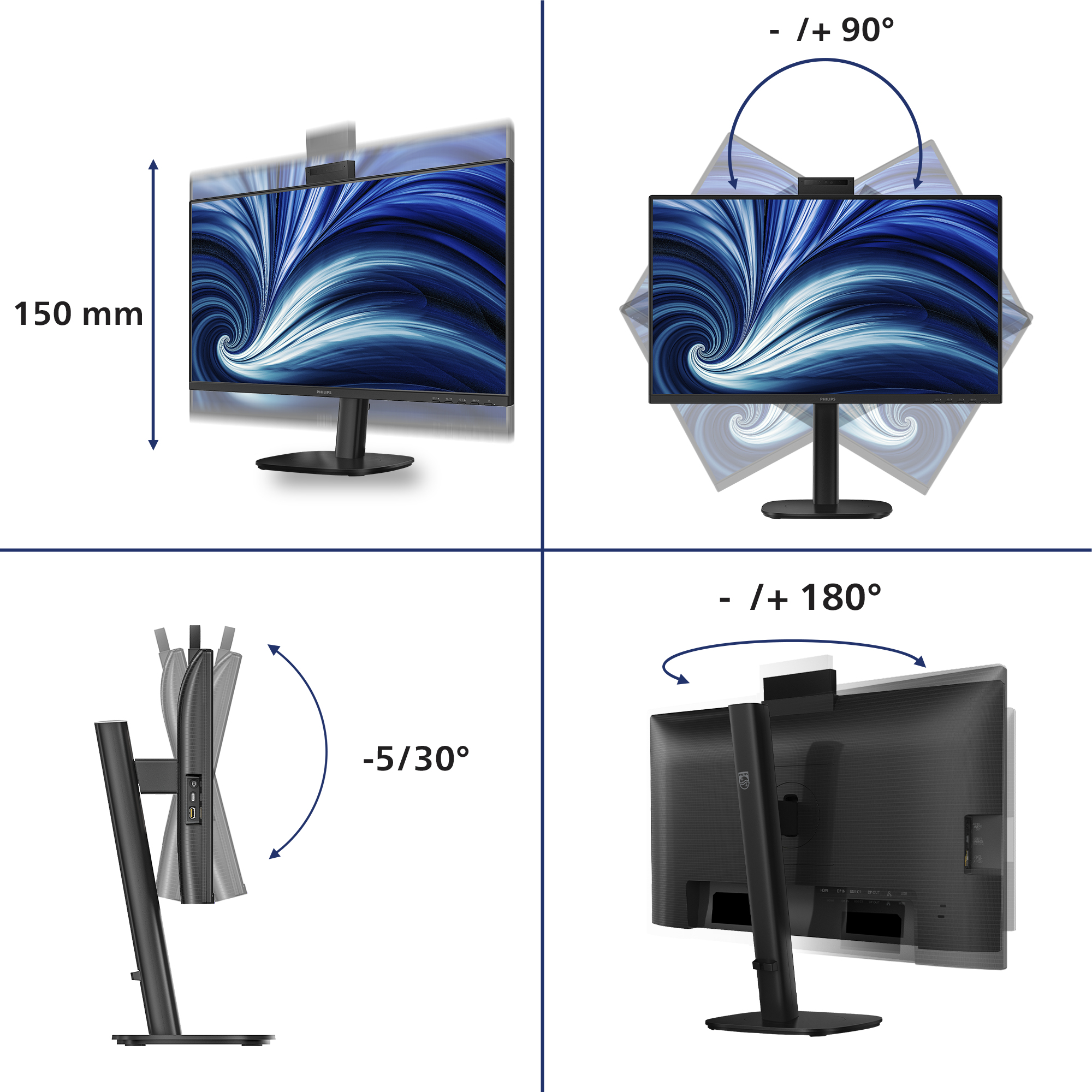 Un monitor con inclinazione, rotazione e altezza regolabile di 150 mm.