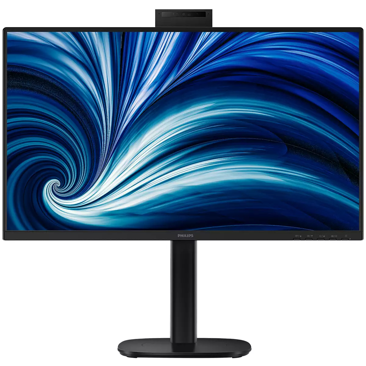 Un monitor Philips nero con sfondo astratto blu e telecamera in cima.
