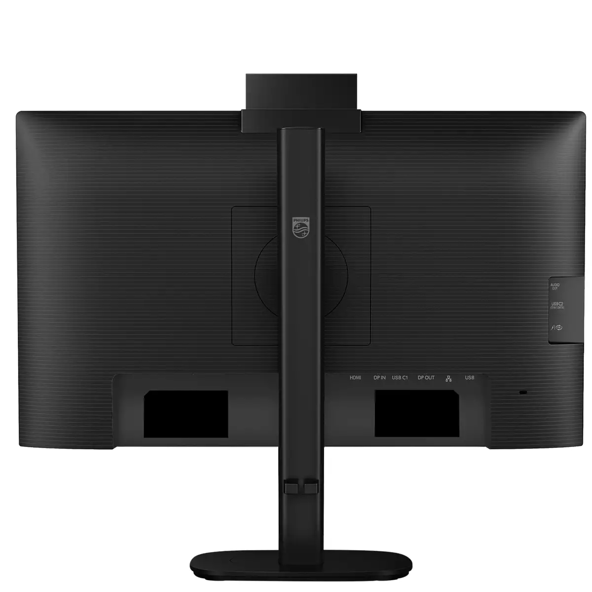 Vista posteriore di un monitor nero con supporto e porte.