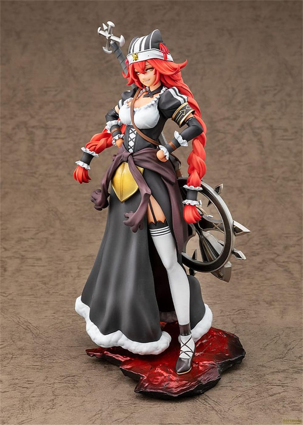 Eine Figur mit roten Haaren, die ein schwarzes Kleid und weiße Strümpfe trägt.