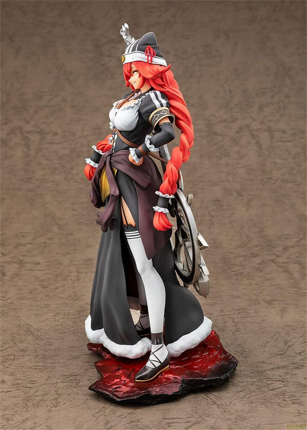 Anime-Figur einer Frau mit roten Haaren in einem schwarzen Kleid mit weißen Rüschen und einem Rad.