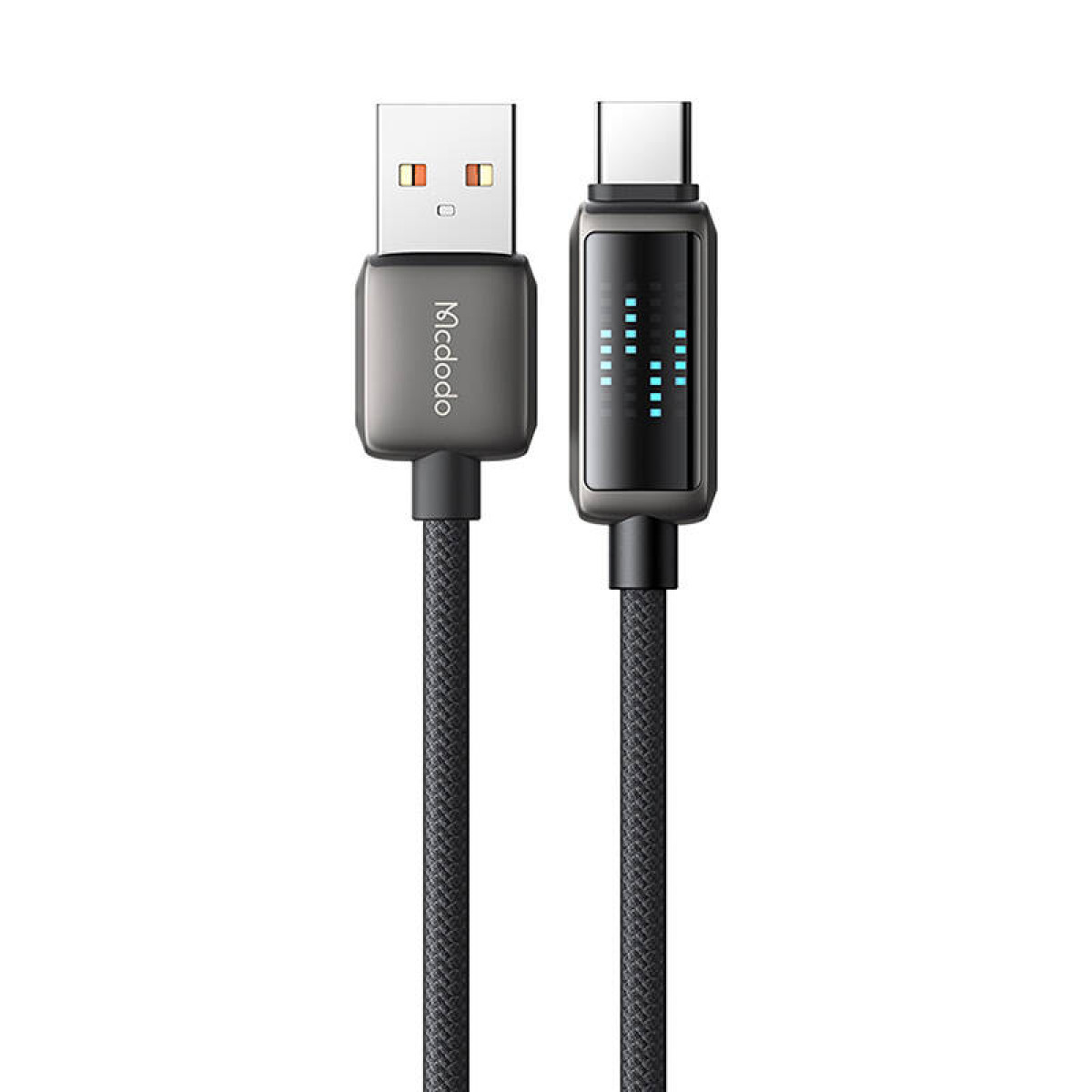 Dijital ekranlı, USB-A konnektörlü gri USB-C kablosu.