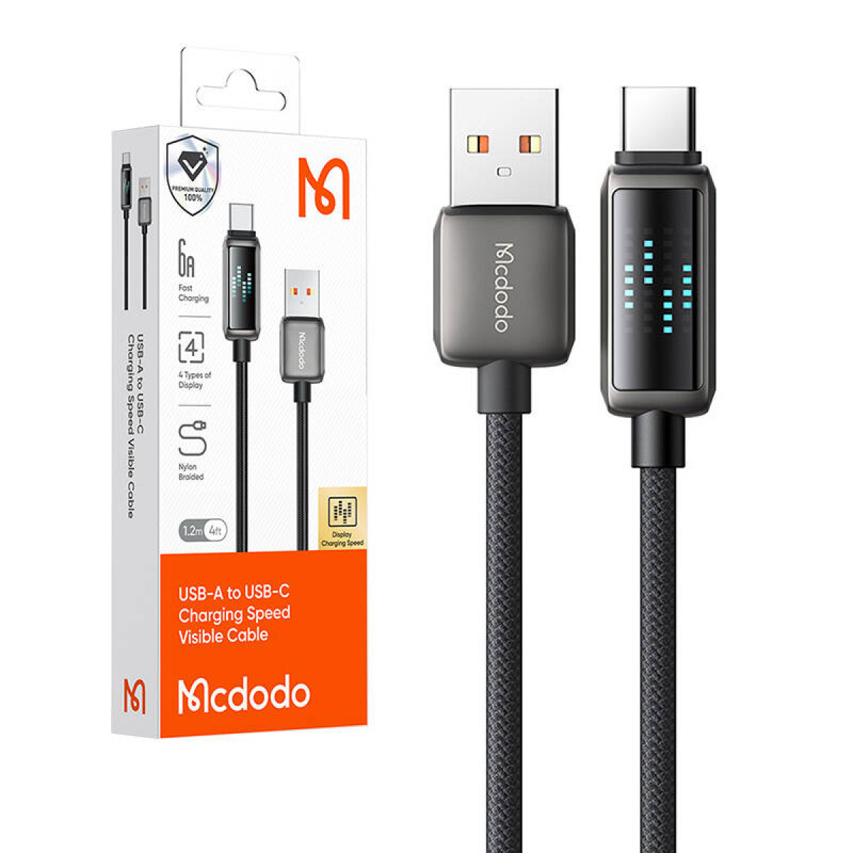 Mcdodo USB-A - USB-C şarj kablosu, dijital ekranlı ve siyah naylon örgülü.