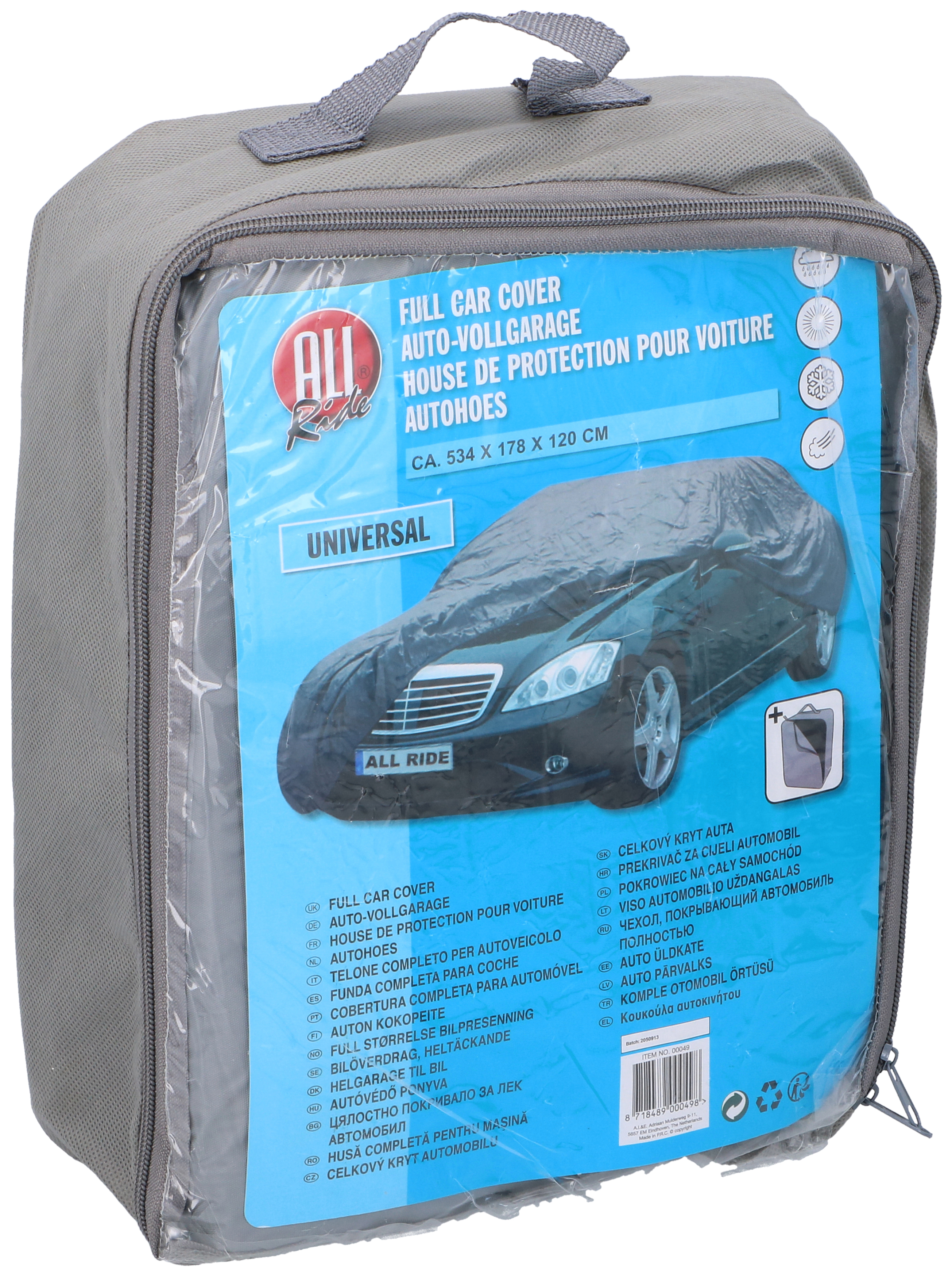 Gray car cover in a bag, showing a car and multilingual product information.