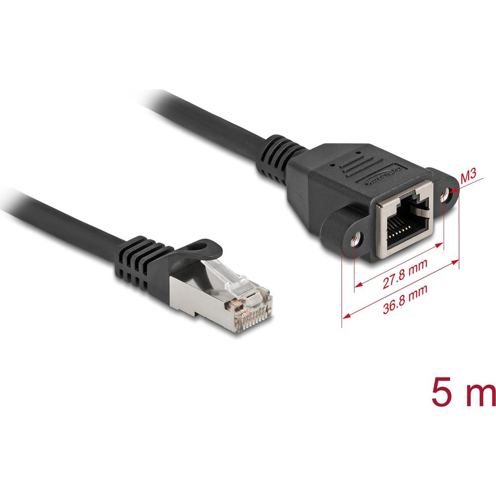 Ein schwarzes Netzwerkkabel mit RJ45-Stecker und einer Buchse mit Maßen.