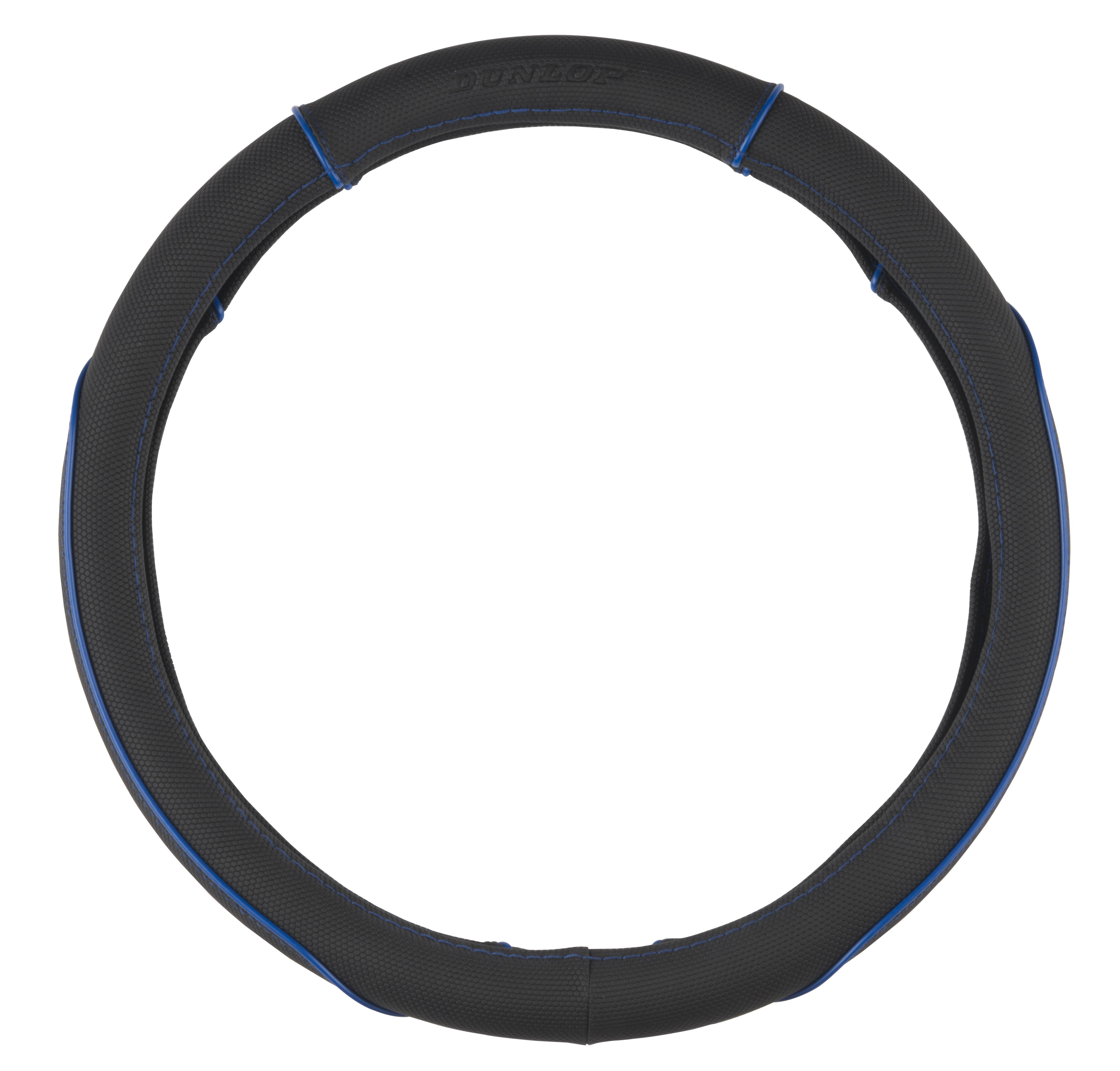 Zwart stuurwielhoes met blauwe stiksels en Dunlop logo.