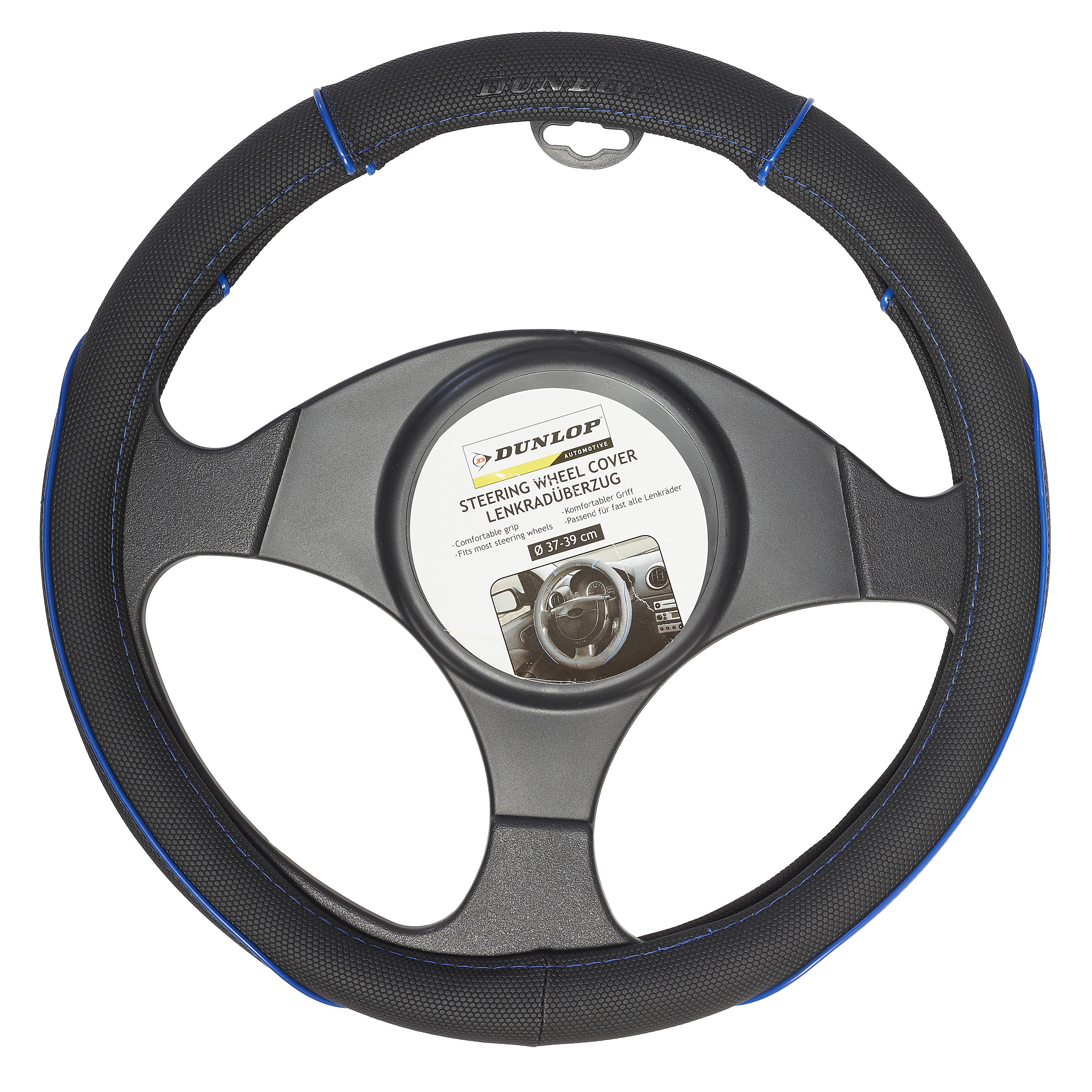 Zwarte stuurhoes met blauwe rand en honingraatpatroon, Dunlop logo.