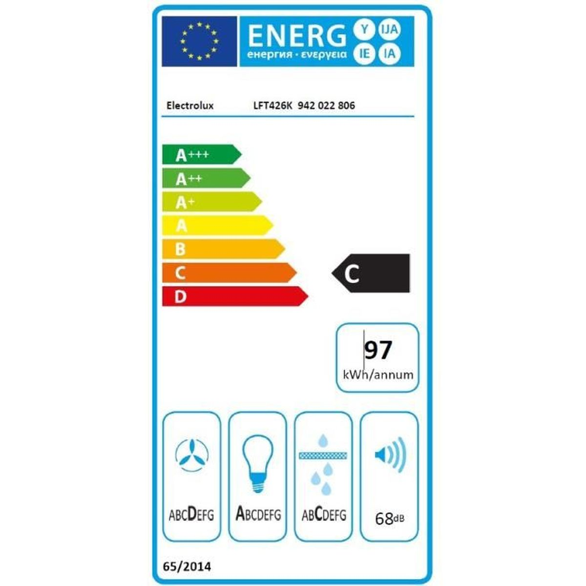 Etichetta energetica Electrolux LFT426K. Classe C. 97 kWh/anno.